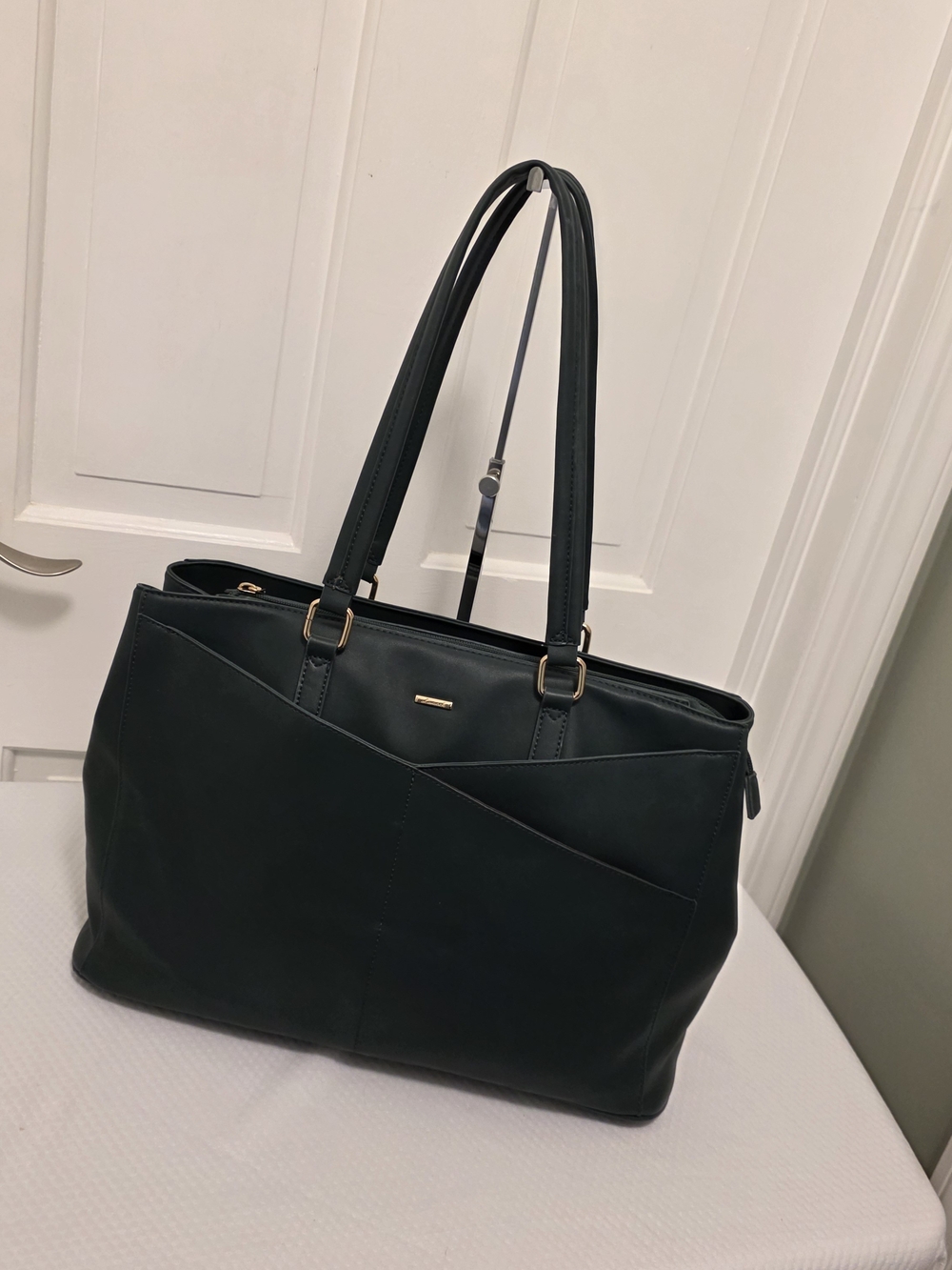 Structured Black Laptop Tote with Gold Accent